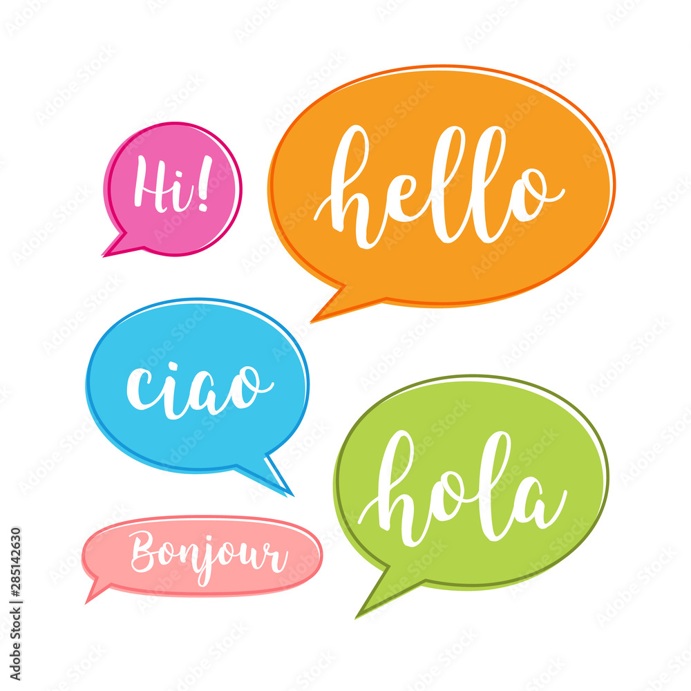 Hello bubble in different language. English, italian, french, spanish