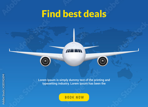 Flight travel trip banner for online booking. Vector Airplane ticket online sale design promo template