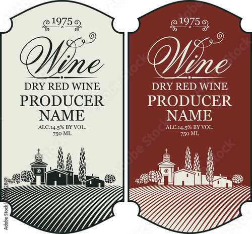 Set of two vector wine labels with calligraphic inscription and european rural landscape in figured frame in retro style