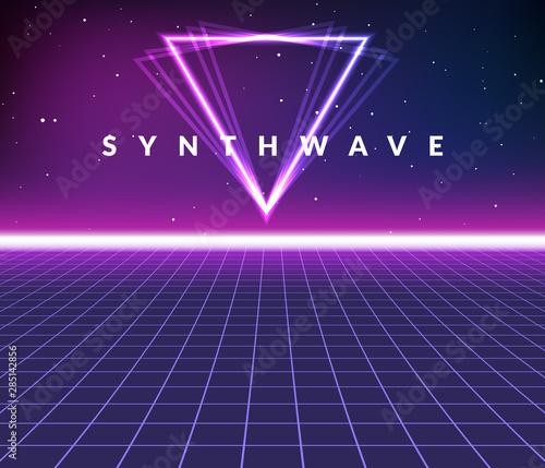 Synth wave retro grid background. Synthwave 80s vapor vector game poster neon futuristic laser space arcade