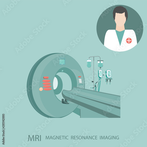 Magnetic resonance imaging machine, portrait of a doctor - isolated on a light background - flat style - abstract, vector. Healthcare technology.