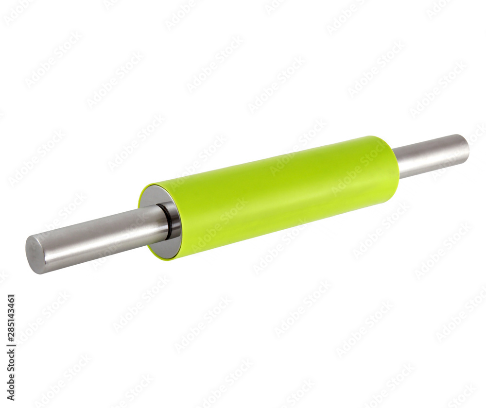 Rolling pin with green silicone coated isolated on white background. It has metal handles. It belongs to the kitchen equipment. Rolling pin with green silicone coated isolated on white background. It has metal handles. It belongs to the kitchen equipment.