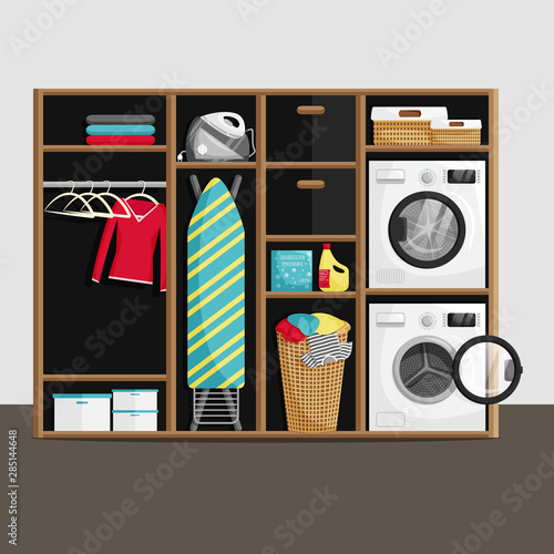 Vector Illustration of Laundry Room with Facilities for Washing in Flat Style. Cabinet with Washing Machine, Ironing Board, Rack, Basket. Creative Concept Interior with Furniture in Minimalist Style