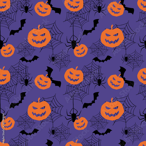 A vector seamless Halloween pattern with orange pumpkins and black bats, spiders and cobwebs.