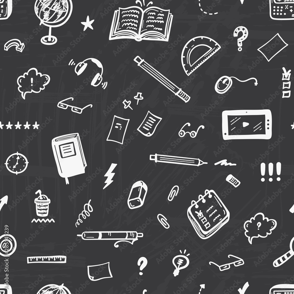 Hand Drawn Doodle Office Supplies Icons Vector Seamless Pattern. Education and Business Design Elements Black and White Background. Back to School Hand Drawn Doodle Office Supplies Icons Vector Seamless Pattern. Education and Business Design Elements Black and White Background. Back to School