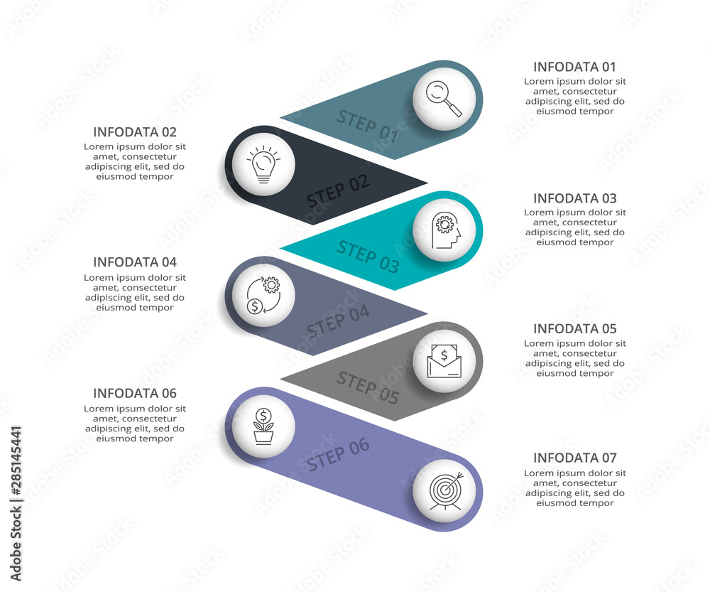 Vector infographic design template. Business concept with 7 options, parts, steps or processes. Can be used for workflow layout, diagram, number options, web design. Data visualization. Vector infographic design template. Business concept with 7 options, parts, steps or processes. Can be used for workflow layout, diagram, number options, web design. Data visualization.