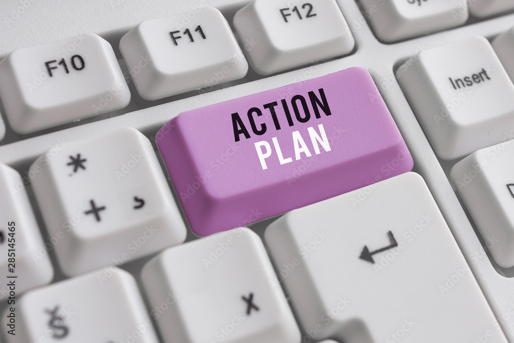 Word writing text Action Plan. Business photo showcasing detailed plan outlining actions needed to reach goals or vision White pc keyboard with empty note paper above white background key copy space Word writing text Action Plan. Business photo showcasing detailed plan outlining actions needed to reach goals or vision White pc keyboard with empty note paper above white background key copy space