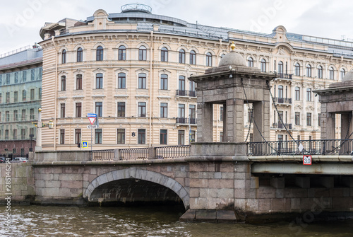 One of the Doric pavilions of the Lomonosov Bridge across the Fontanka River in Saint Petersburg, Russia