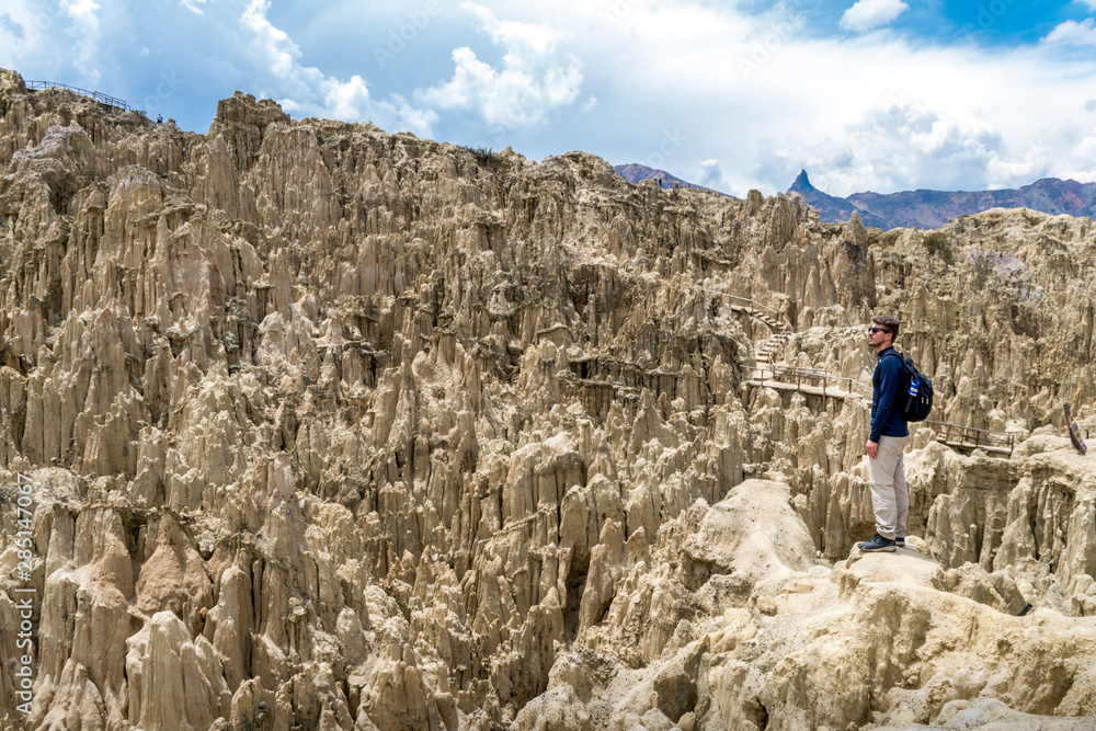 A tourist contemplating the landscape of the Moon Valley in La Paz, Bolivia