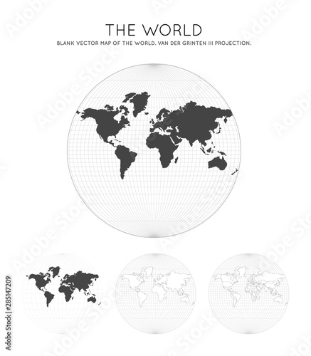 Map of the World. Van der Grinten III projection. Globe with latitude and longitude lines. World map on meridians and parallels background. Vector illustration.
