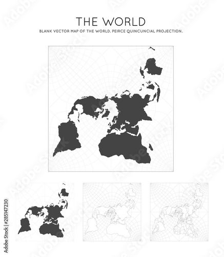 Map of the World. Peirce quincuncial projection. Globe with latitude and longitude lines. World map on meridians and parallels background. Vector illustration.