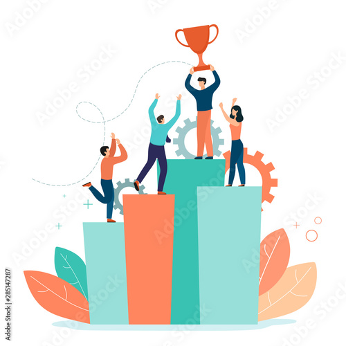A successful team stands on the columns of the chart with a successful win, the cup. Business illustration. Vector flat style illustration on a white background.