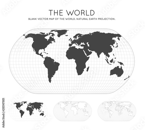 Map of the World. Natural Earth projection. Globe with latitude and longitude lines. World map on meridians and parallels background. Vector illustration.