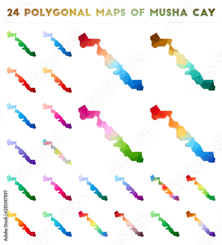 Set of vector polygonal maps of Musha Cay. Bright gradient map of island in low poly style. Multicolored Musha Cay map in geometric style for your infographics.