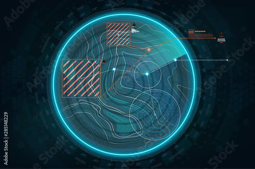 Radar screen in HUD style. Air search gadget in futuristic style. Game concept, military search, system. GUI, HUD interface. Vector virtual topographic map, Navigation interface wallpaper. Radar UI 