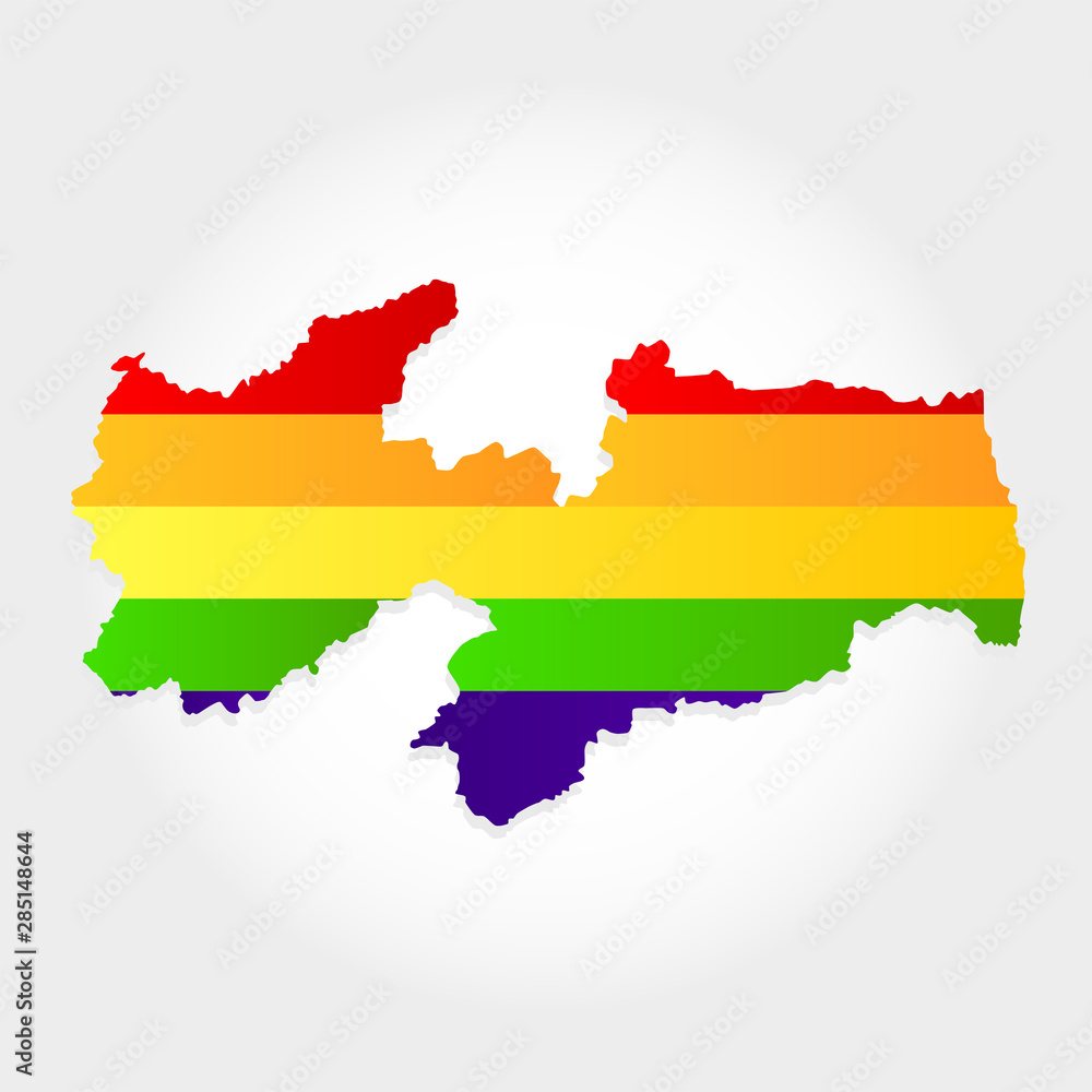 Rainbow flag in contour of Paraiba. Lgbt flag in contour of Paraiba with light grey background. Brazilian state. Northeast of Brazil.