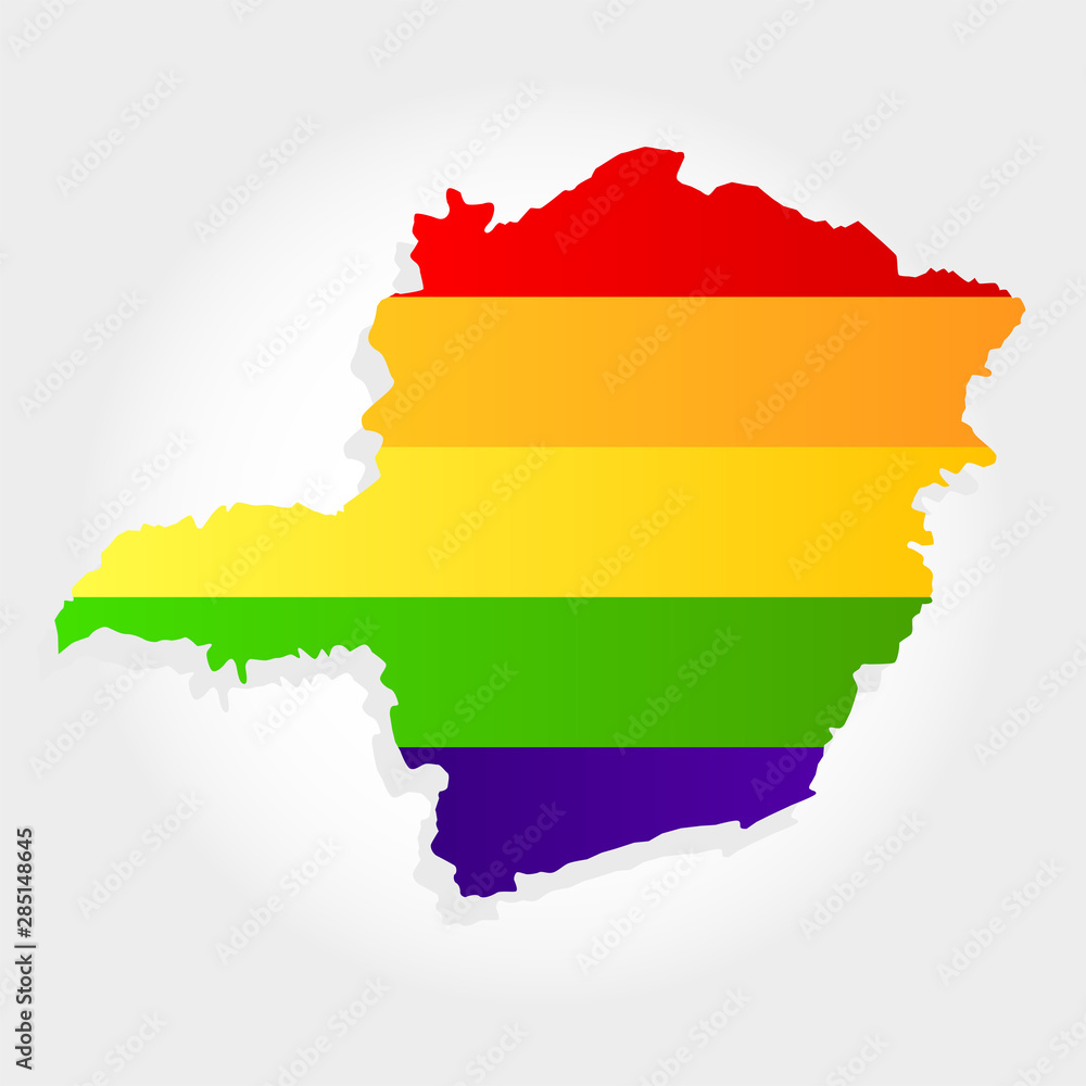 Obraz premium Rainbow flag in contour of Minas Gerais. Lgbt flag in contour of Minas Gerais with light grey background. Brazilian state. Southeast of Brazil.