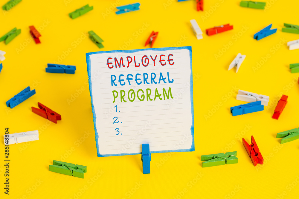Handwriting text Employee Referral Program. Conceptual photo employees are rewarded for introducing recruits Colored clothespin papers empty reminder yellow floor background office Handwriting text Employee Referral Program. Conceptual photo employees are rewarded for introducing recruits Colored clothespin papers empty reminder yellow floor background office