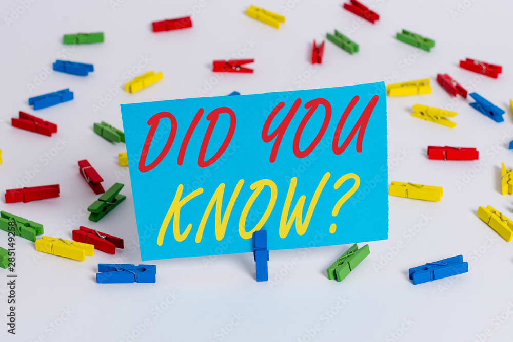 Text sign showing Did You Know Question. Business photo text when you are asking someone if they know fact or event Colored clothespin papers empty reminder white floor background office Text sign showing Did You Know Question. Business photo text when you are asking someone if they know fact or event Colored clothespin papers empty reminder white floor background office