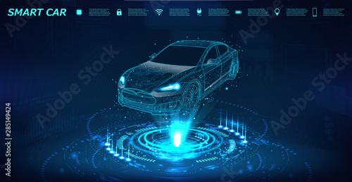 Smart car isometric banner with icons and text. Abstract project of a smart or intelligent car in the form of a starry sky or space. X-ray hologram in HUD style. 3D Electric machine. IOT auto. Vector
