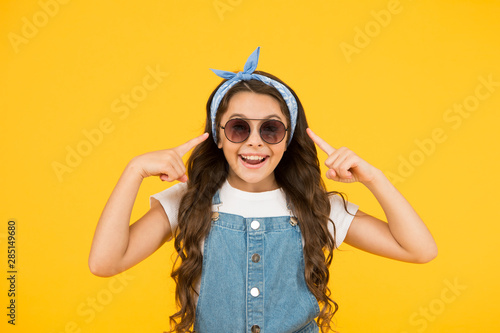 UV protection. Girl long curly hair sunglasses tied head scarf. Fashion trend. You can have anything you want if dress for it. Little fashionista. Cute kid fashion girl. Summer fashion concept