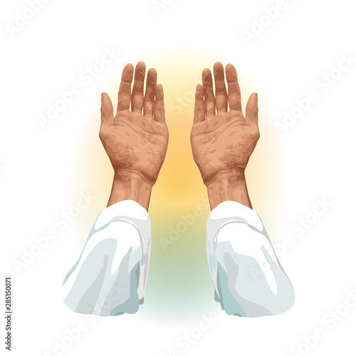 Hands of a Muslim who prays, flat vector on a white background. For Hajj, Umrah, Ramadan, Arafat, Prayer. Vector illustration