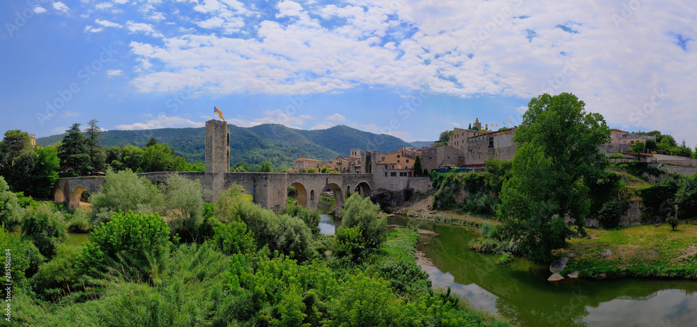 Medieval bridge of Besalu. Gerona. Spain. Panoramic picture