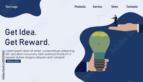 Businessman fishing in to idea bulb with money bait. Business Landing Page.