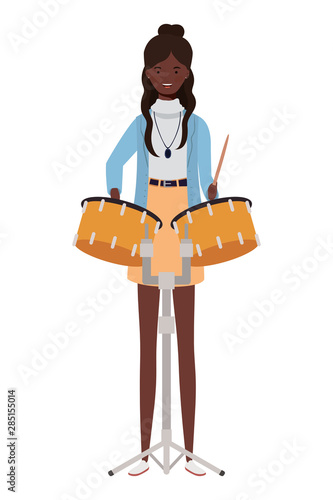 young woman with timpani on white background