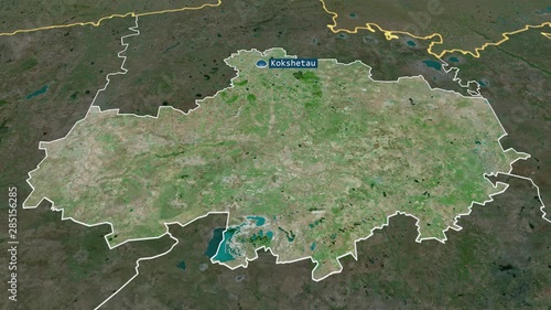 Aqmola - region of Kazakhstan with its capital zoomed on the satellite map of the globe. Animation 3D photo