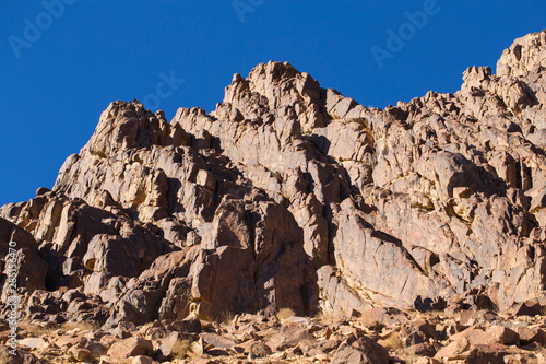 Egypt. Mount Sinai in the morning at sunrise. (Mount Horeb, Gabal Musa, Moses Mount). Pilgrimage place and famous touristic destination. 