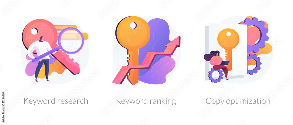 Search engine optimization service icons set. SEO analytics, marketing business. Keyword research, keyword ranking, copy optimization metaphors. Vector isolated concept metaphor illustrations
