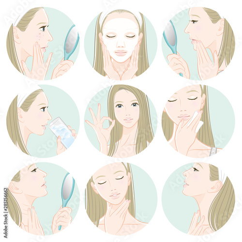 スキンケアをしている女性のイラスト