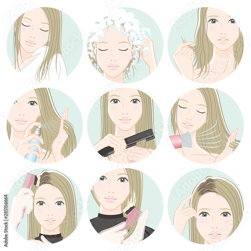 ヘアケアをしている女性のイラスト
