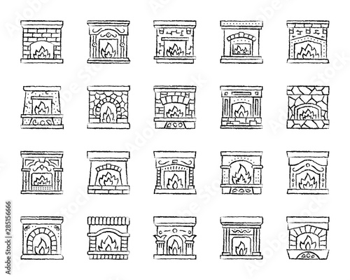 Fireplace charcoal draw line icons vector set
