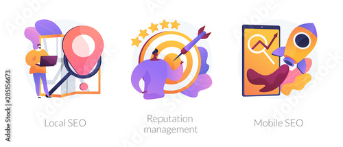 Search engine optimization services icons set. Market analytics, customer feedback analysis. Local SEO, reputation management, mobile SEO metaphors. Vector isolated concept metaphor illustrations