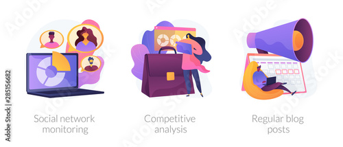 Business analytics, digital marketing icons set. Online promotion service. Social network monitoring, competitive analysis, regular blog posts metaphors. Vector isolated concept metaphor illustrations