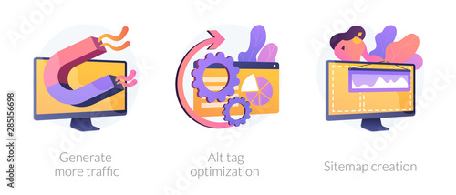 Website promotion services icons set. Search engine optimization business. Generate more traffic, alt tag optimization, sitemap creation metaphors. Vector isolated concept metaphor illustrations.