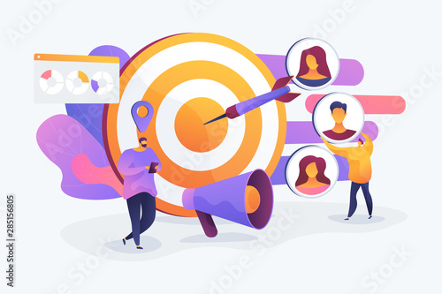 Customer attraction campaign, accurate promo, advertising business. Market segmentation, adverts, target market, target group, target customer concept. Vector isolated concept creative illustration