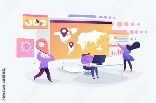 Global business research, international company extension strategy. Social media dashboard, online marketing interface, social media metrics concept. Vector isolated concept creative illustration