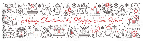 Merry christmas and new year line icon banner