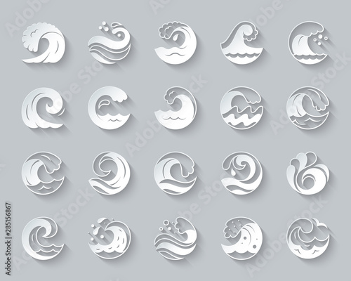 Water Wave simple paper cut icons vector set