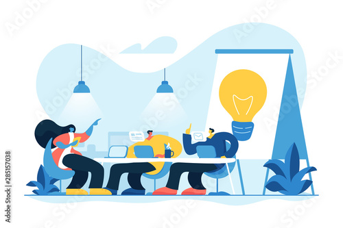 Remote work, colleagues brainstorming and searching solution. Coworking of freelancers, teamwork and communication, independent activity concept. Vector isolated concept creative illustration