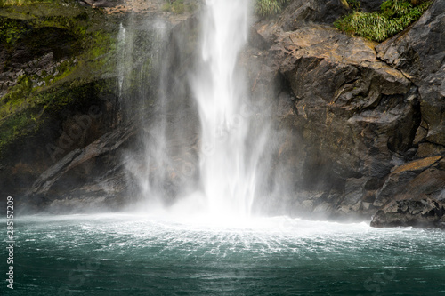 Waterfall splash in Milford Sound