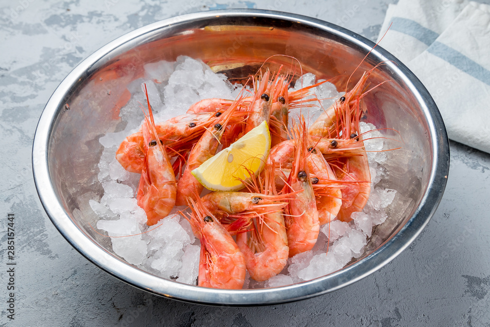 boiled shrimp on ice on grey concrete table boiled shrimp on ice on grey concrete table