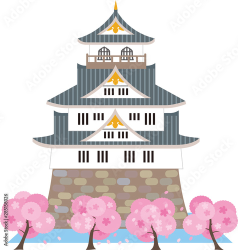 日本の城と桜。ベクター素材。