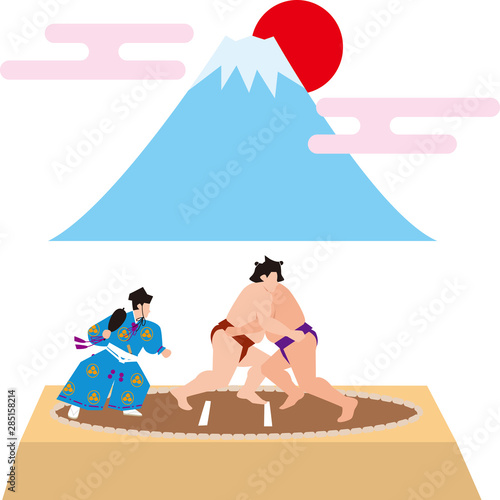 相撲と富士山。日本のイメージ。ベクター素材