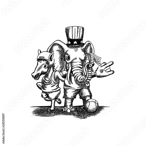 mule and elephant mascot wear american event costume hand drawn illustration poster template  rugby  basket  flag  hat