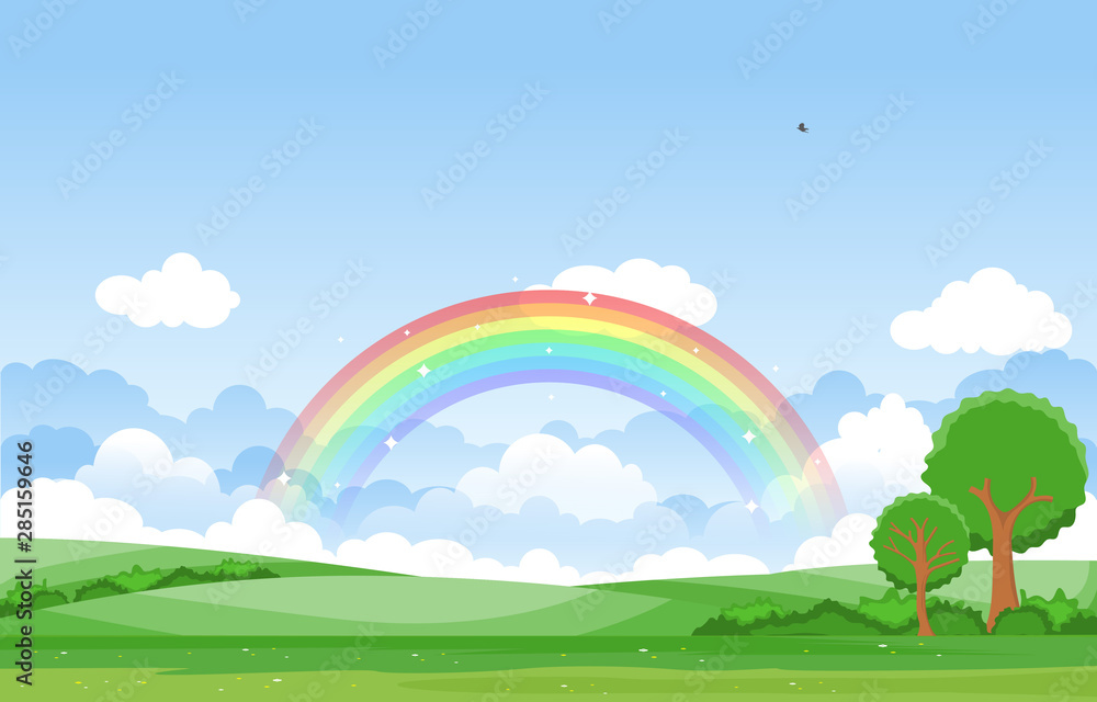 Beautiful Rainbow Sky with Green Meadow Mountain Nature Landscape Illustration Beautiful Rainbow Sky with Green Meadow Mountain Nature Landscape Illustration