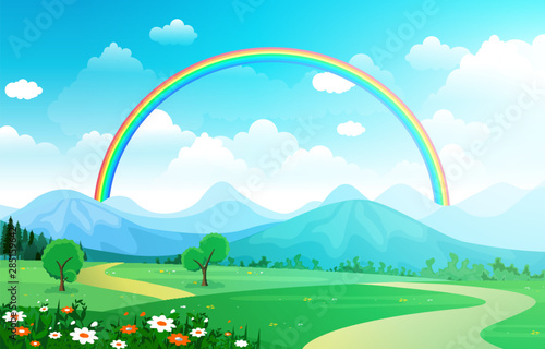 Beautiful Rainbow Sky with Green Meadow Mountain Nature Landscape Illustration